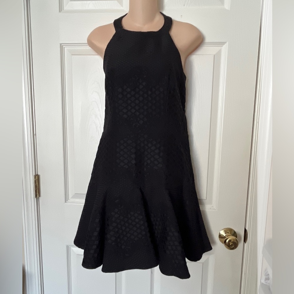 Parker Women’s Black Leona Halter Embroidered Skater Fit Flare Dress Open Back L - Picture 3 of 13